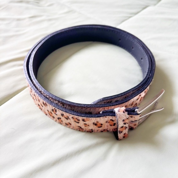 DONNA KATZ Leopard Print 1” Wide Leather Fur Belt Silver Buckle Size Large - Picture 1 of 6